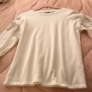 New York & Company Cream Long Sleeve Top with Beaded Accents